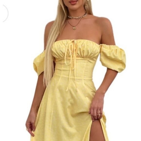 Summer Puff Sleeve Floral Split Maxi Dress Flowy A Line Casual Beach Long Dress - Picture 2 of 9